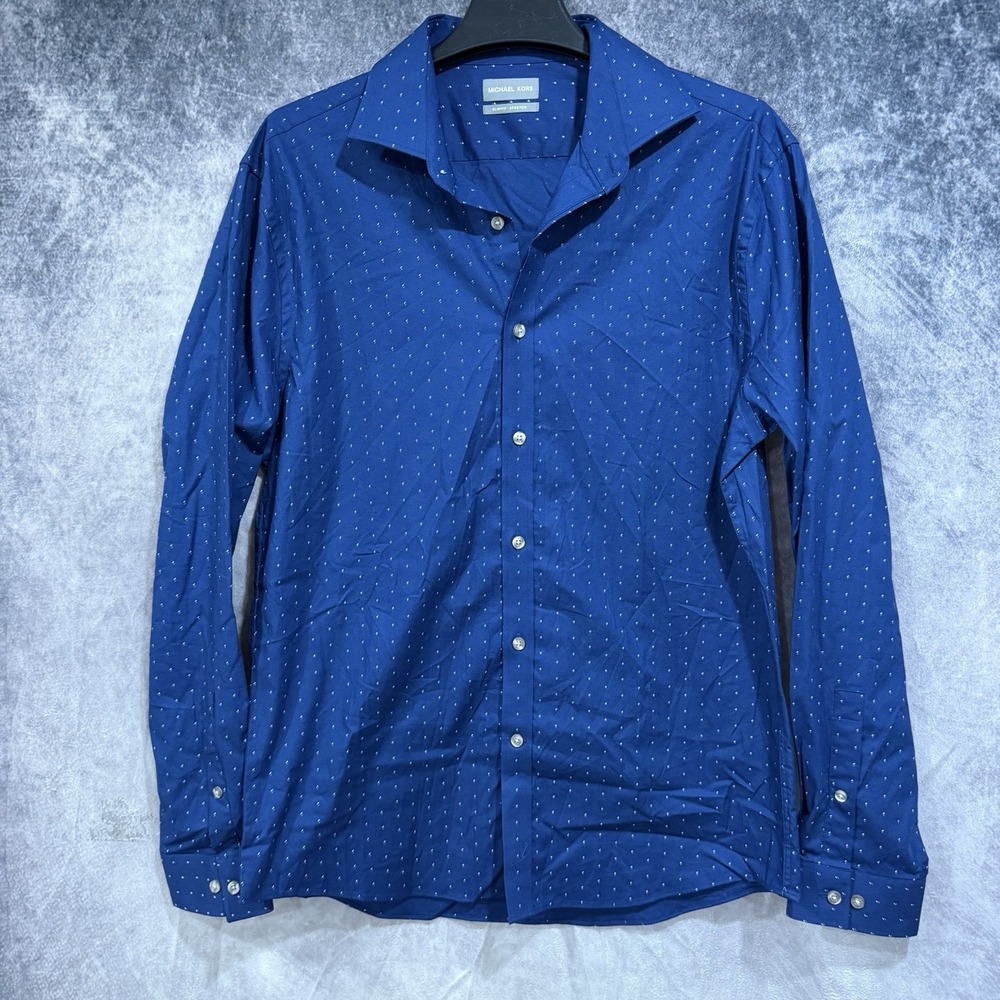 michael kors Men's slim fit button up‎ shirt Blue With White Dots Print L Preppy